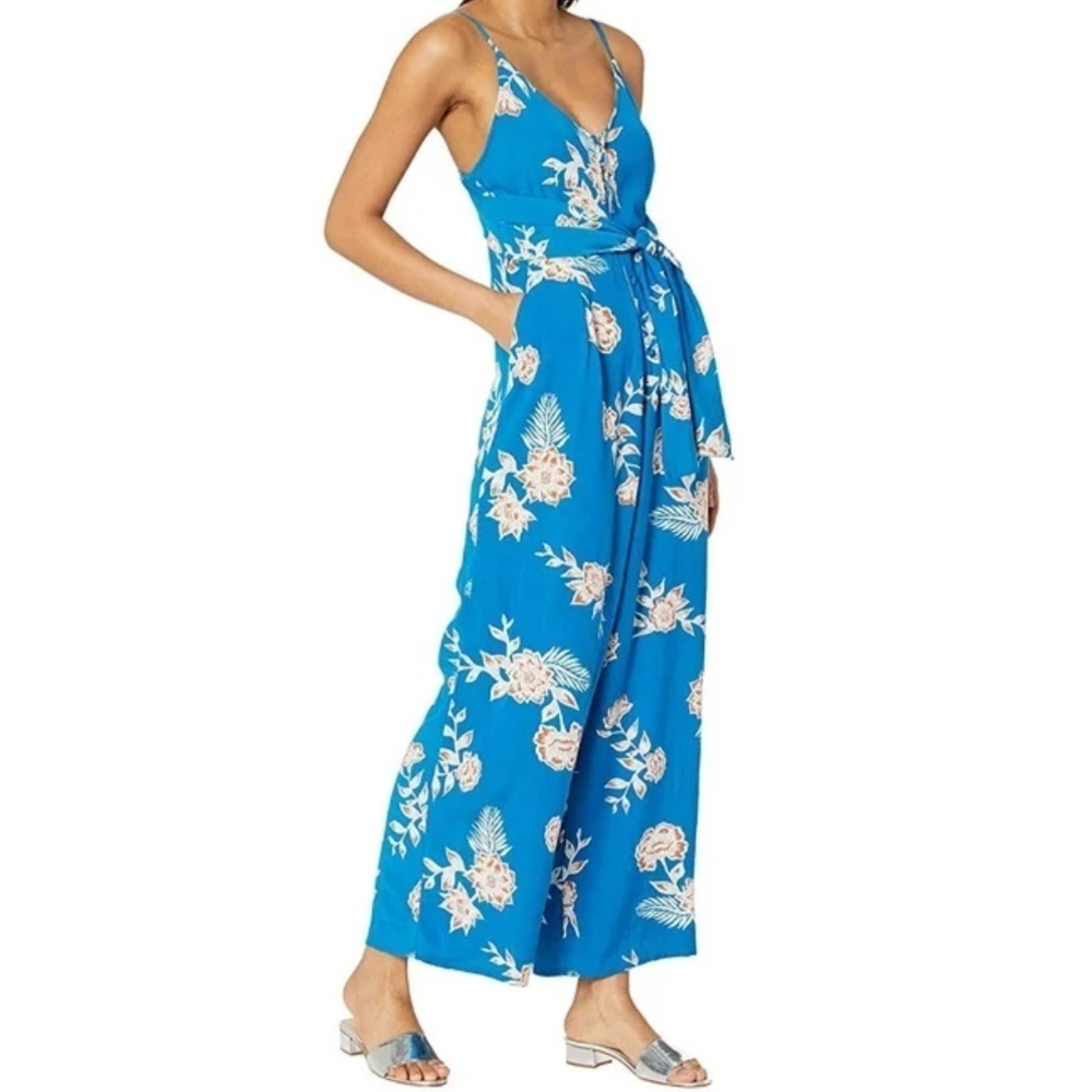 NEW Roxy Wheel and Palm Wide Leg Jumpsuit XS Mykonos Blue Floral
